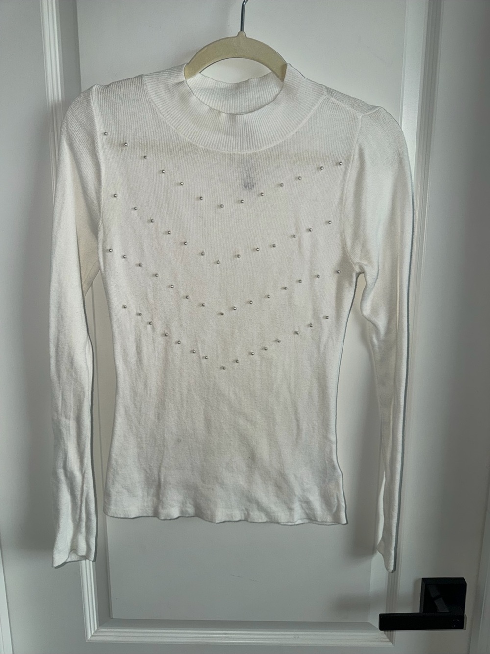Express Women’s Medium White Pearl Studded Mock Neck Sweater Top Long Sleeve